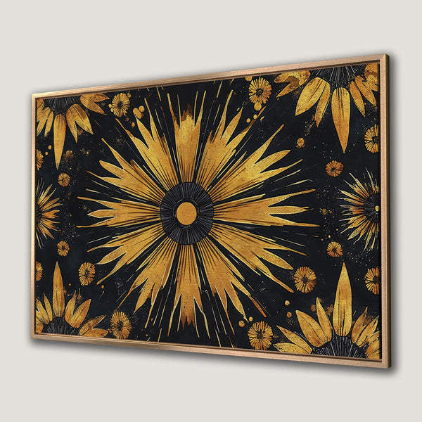 Framed Wall Art featuring a golden floral design on a black background. Modern abstract style with a luxurious gold and black color palette.