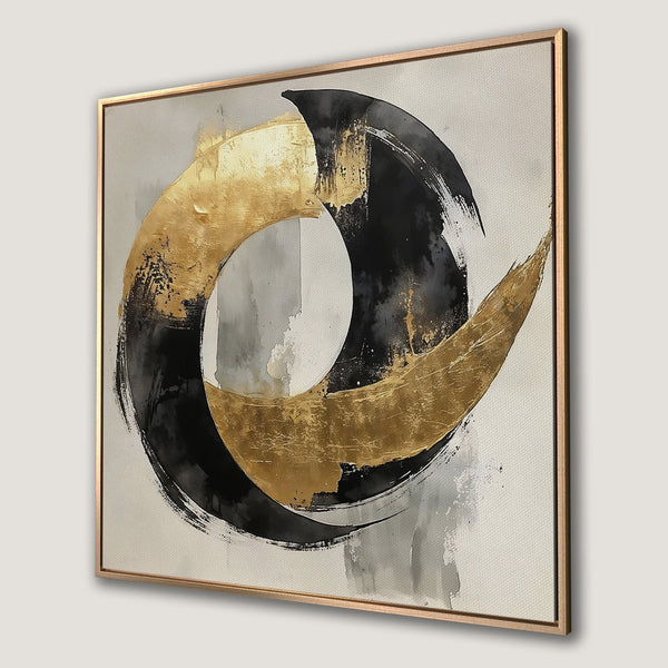 Framed Wall Art: Abstract gold and black brushstroke design on canvas. Modern art piece with neutral and metallic color palette. Add a touch of luxury!