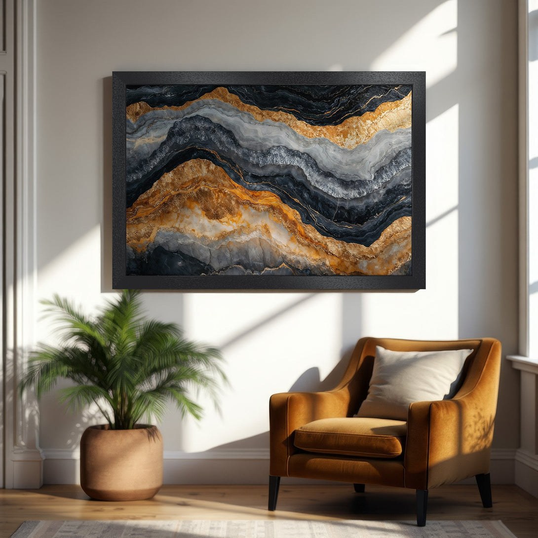 Framed Poster featuring abstract gold, black & gray art. Modern style, perfect for home decor. Enhance your space with this stunning poster.