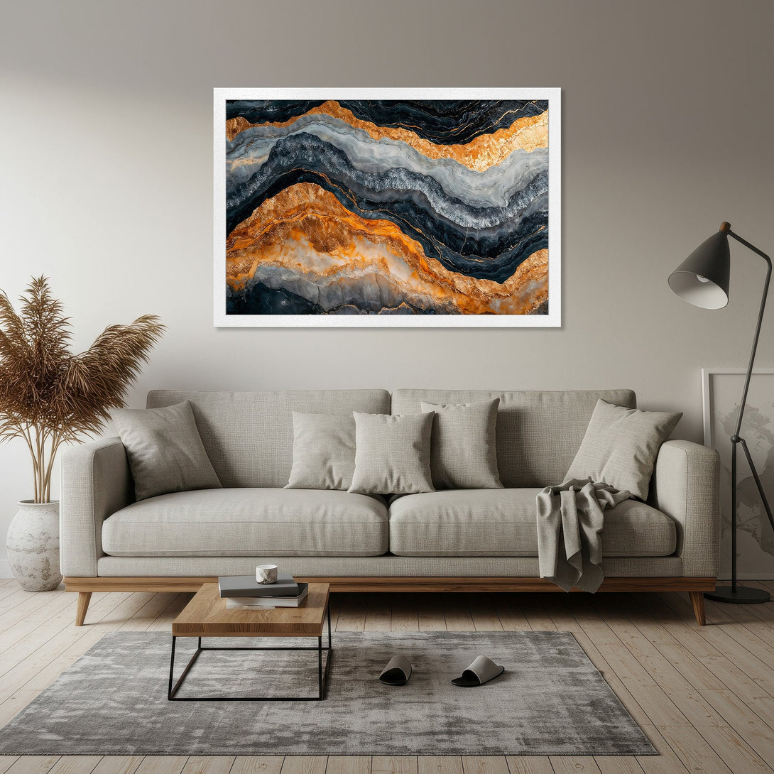 Framed Poster featuring abstract agate design with gold, navy, and grey tones. Modern art print for home decor.
