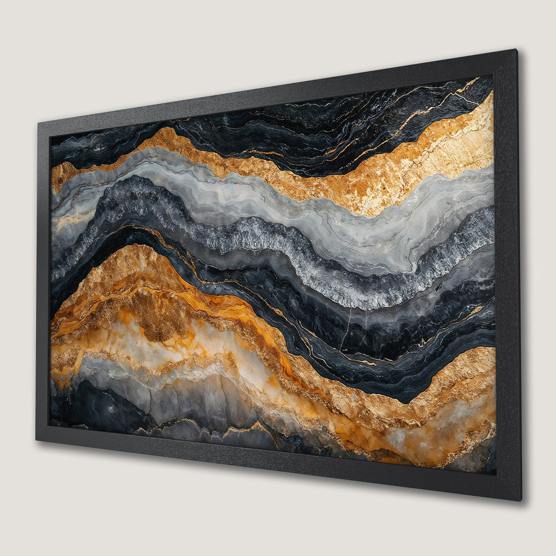 Framed Poster featuring abstract agate design in black, gold, and gray tones. Modern wall art.