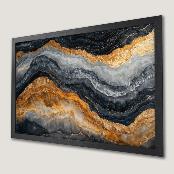 Framed Poster featuring abstract agate design in black, gold, and gray tones. Modern wall art.