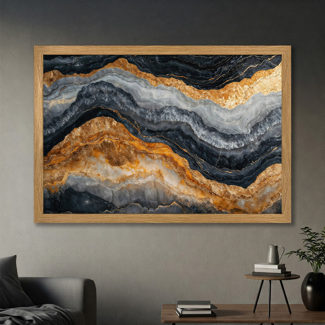 Framed Poster featuring abstract gold, black, and gray artwork. Modern art print with a luxurious color palette for stylish home decor.