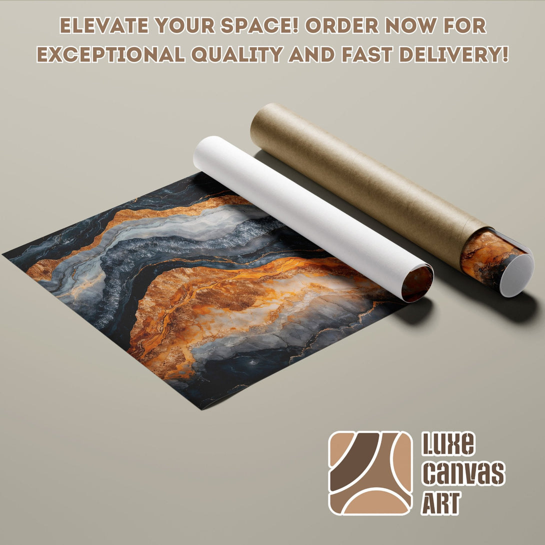 Abstract Poster Roll in blue, gold, and orange tones. Elevate your space with Luxe Canvas Art!