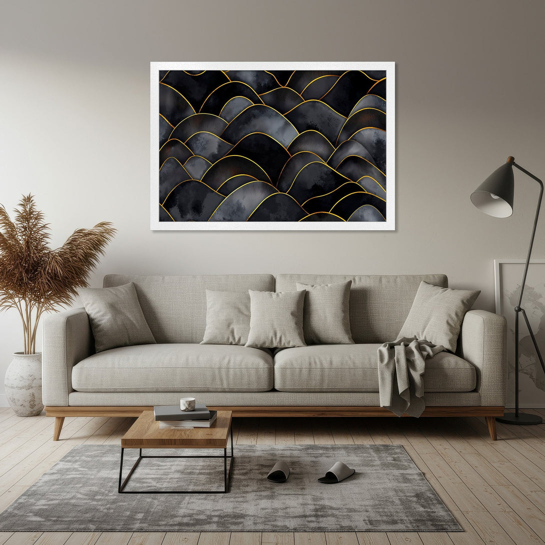 Framed Poster featuring abstract black and gold design. Modern art style with a neutral color palette. Perfect wall decor!