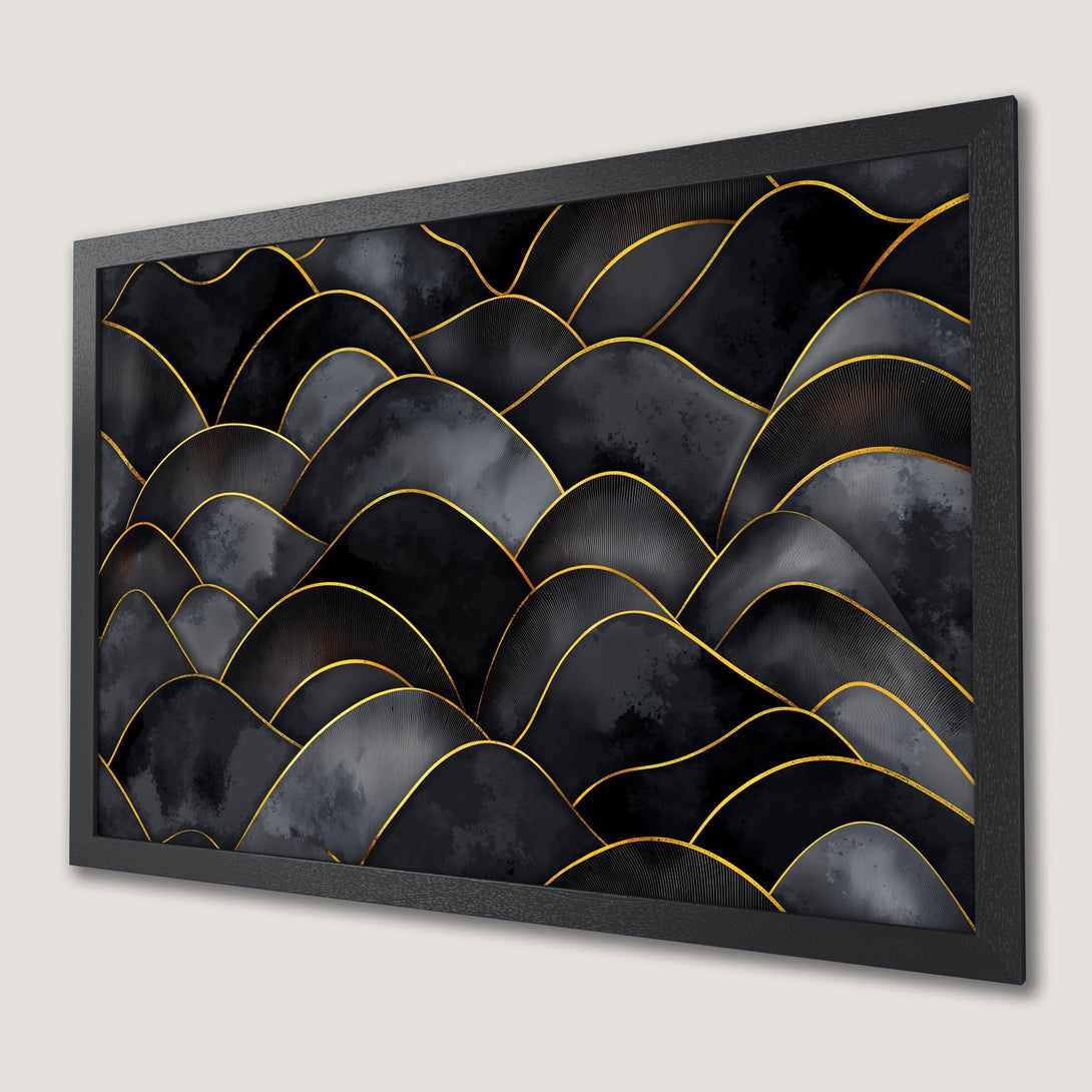 Framed Poster featuring abstract black and gold artwork. Modern style, elegant color palette. Perfect wall decor.