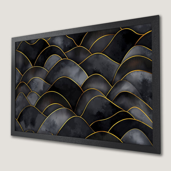 Framed Poster featuring abstract black and gold artwork. Modern style, elegant color palette. Perfect wall decor.