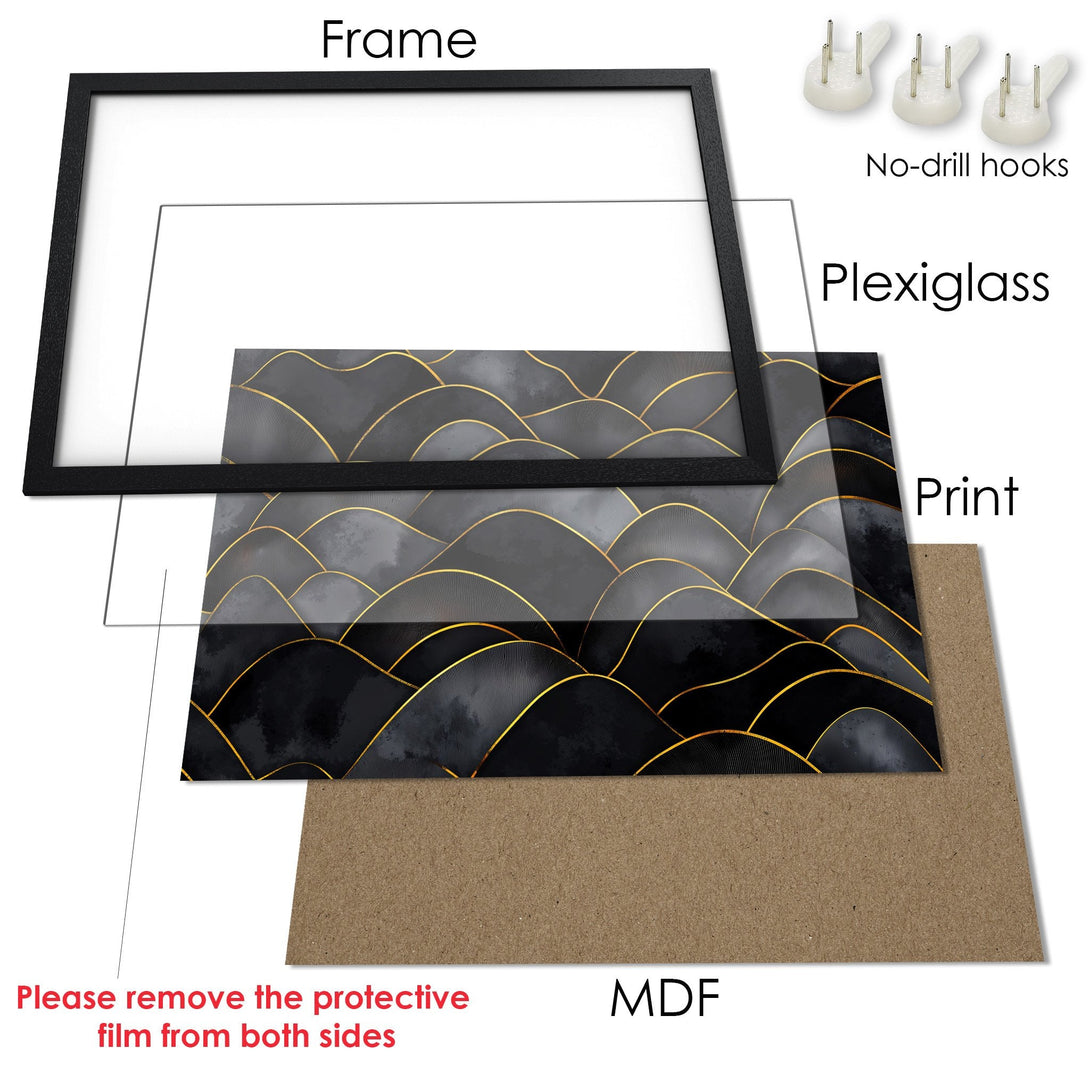 Framed Poster with abstract black, gray, and gold design. Modern art print for stylish home decor.