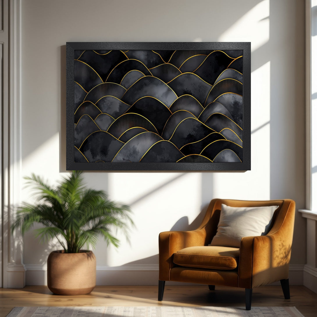 Framed Poster featuring abstract black and gold art, perfect for modern home decor.