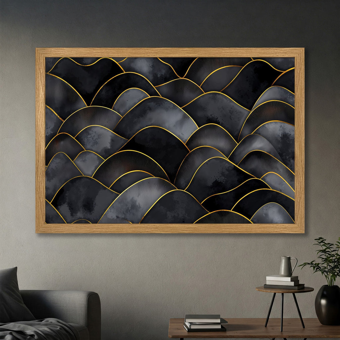 Framed Poster featuring abstract black and gray mountain design with gold accents. Modern art print for home decor.