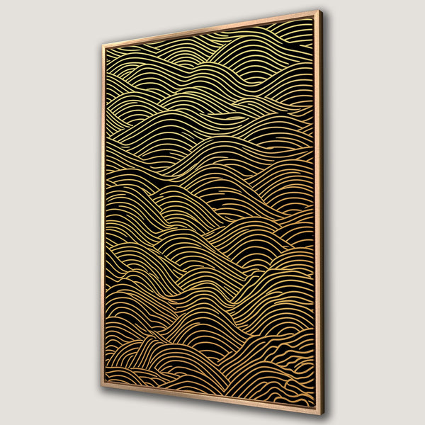 Framed Wall Art: Abstract wave design in gold and black. Modern canvas print for a stylish home. Elevate your decor with this elegant piece.