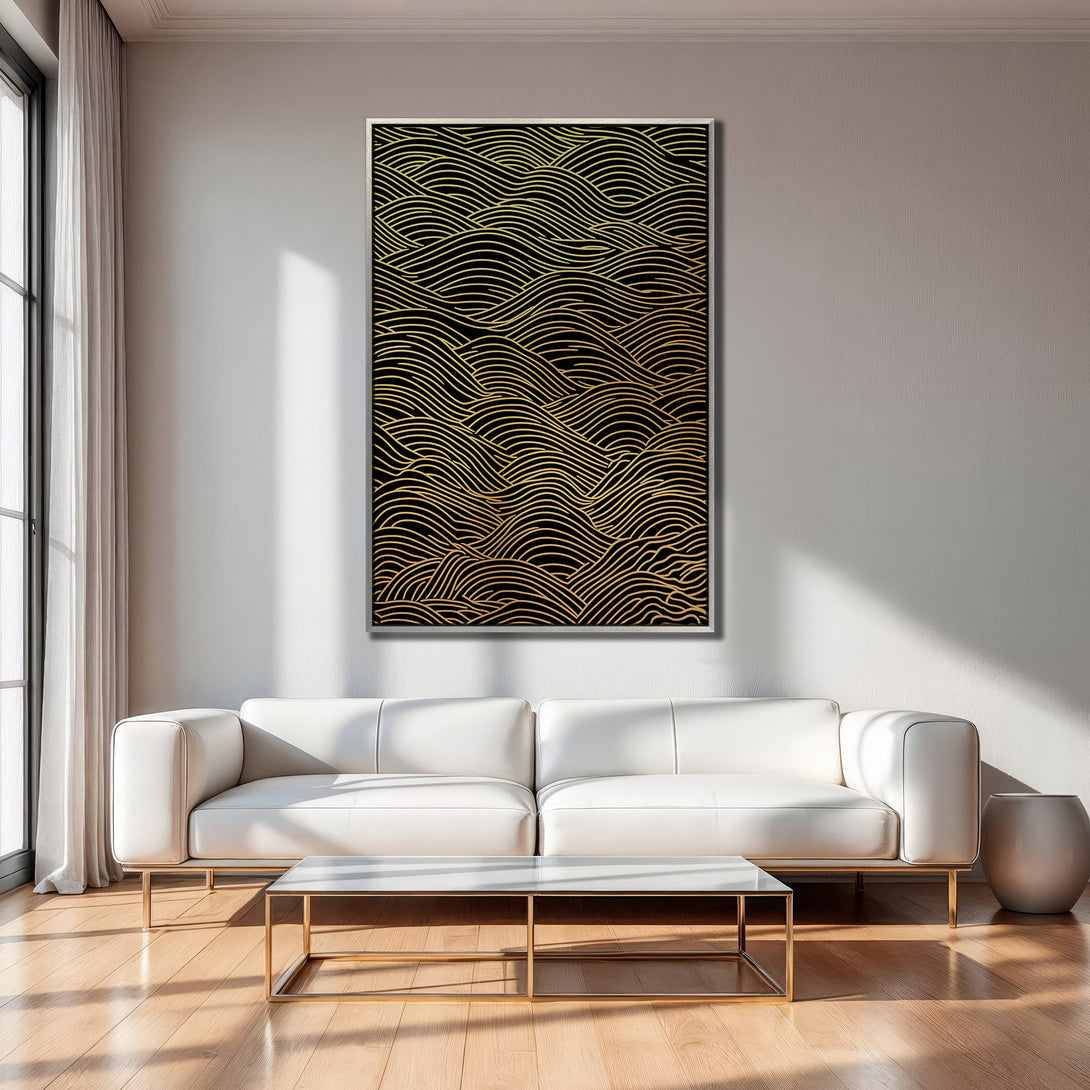 Framed Wall Art: Abstract gold wave art on black canvas, modern style, displayed in a bright, contemporary interior. Elevate your space!