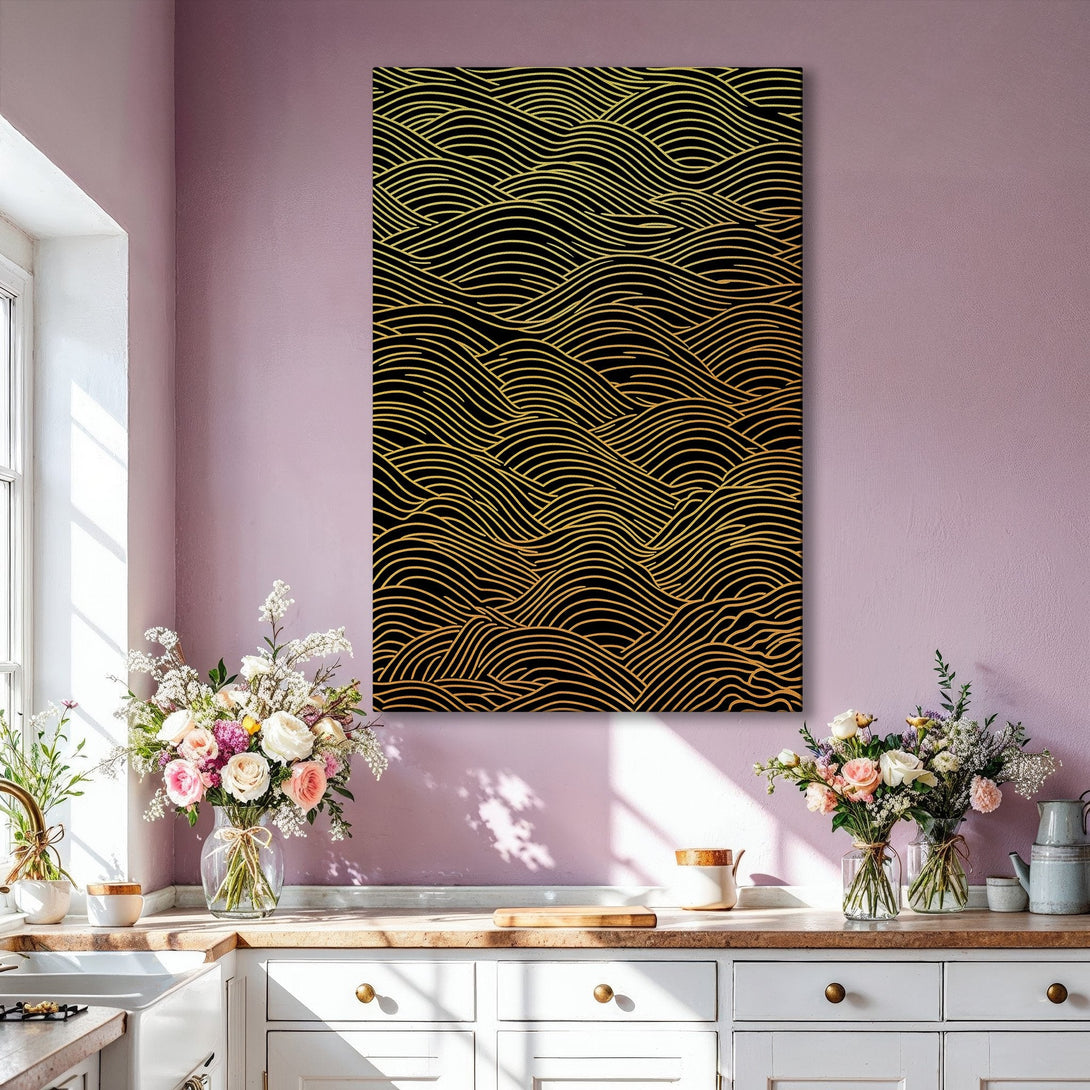 Framed Wall Art: Modern abstract wave design in gold and black. Adds a touch of luxury and style to any living room. Shop now for a statement piece!