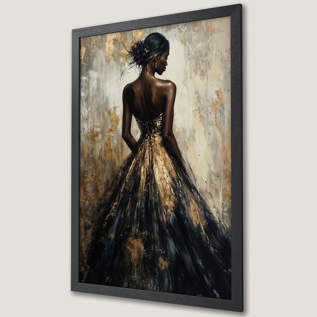 Framed Poster featuring an elegant woman in a black and gold gown. Abstract art style with a luxurious, warm color palette. Perfect wall decor!