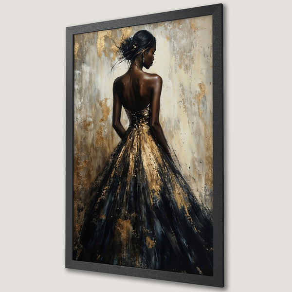 Framed Poster featuring an elegant woman in a black and gold gown. Abstract art style with a luxurious, warm color palette. Perfect wall decor!