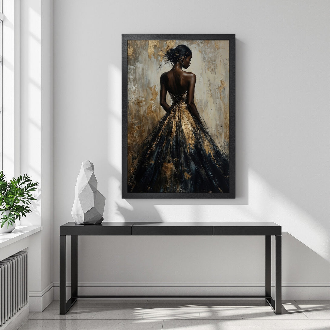 Framed Poster featuring an elegant woman in a gold and black dress. Abstract style with a warm, neutral color palette. Perfect wall art!