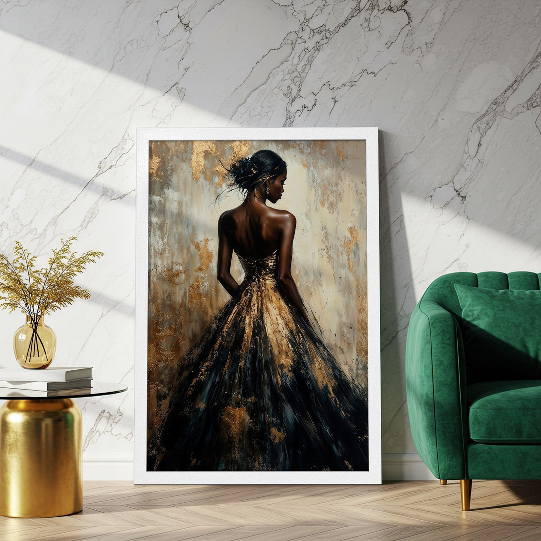 Framed Poster of elegant woman in black & gold dress. Abstract style, rich color palette. Perfect wall art!