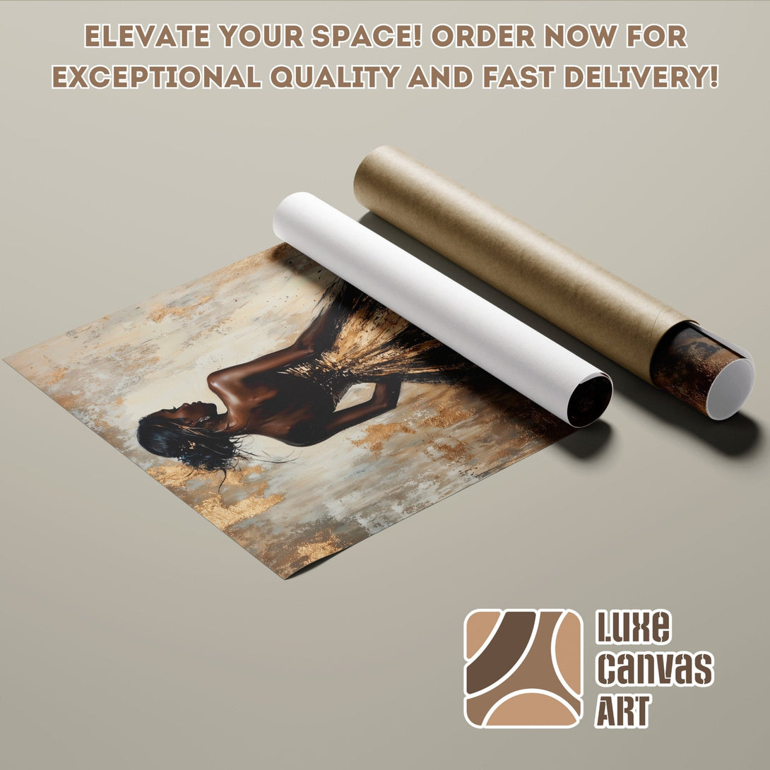 Abstract art poster roll with a woman in gold and neutral tones. Shop now!