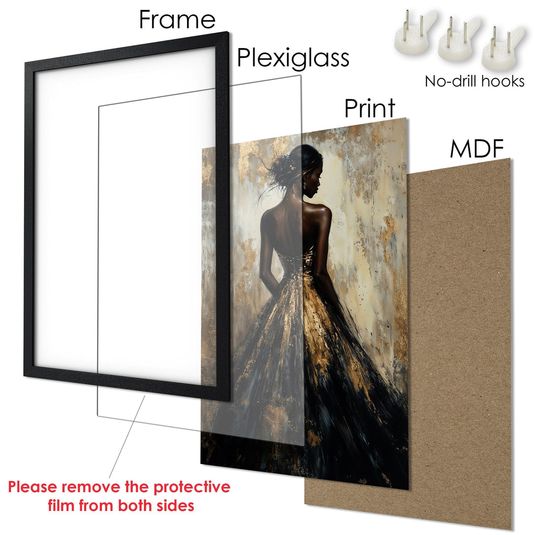 Framed Poster featuring an elegant woman in a black and gold gown. Artistic style with a neutral and gold color palette. Perfect wall art!