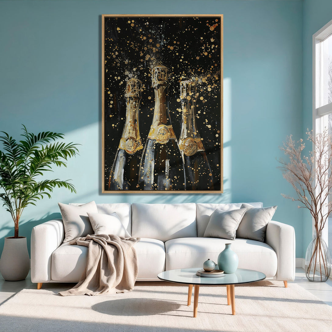 Framed Wall Art: Champagne bottles in a modern, abstract style with gold and black accents. Adds a touch of luxury to any space.