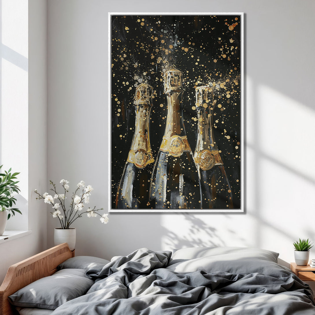Framed Wall Art: Champagne bottles with gold accents on a black background. Modern canvas print for a luxurious home decor look.