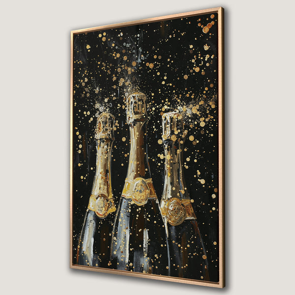 Framed Wall Art featuring champagne bottles in a modern, abstract style with a black and gold color palette. Perfect for adding a touch of luxury!