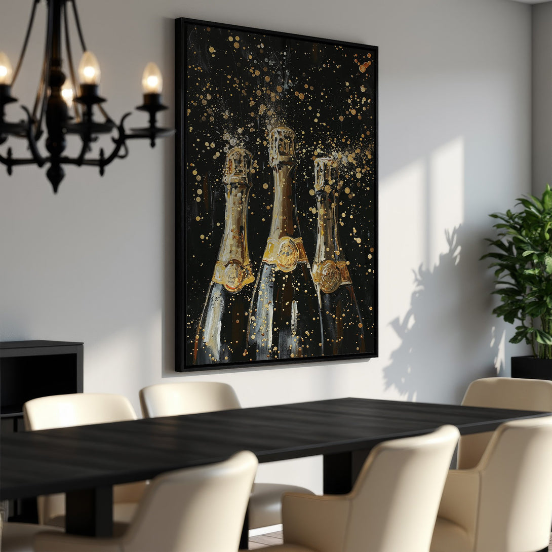 Framed Wall Art: Champagne bottles painting in black, gold, and white. Modern abstract art for dining room decor. Elevate your space!