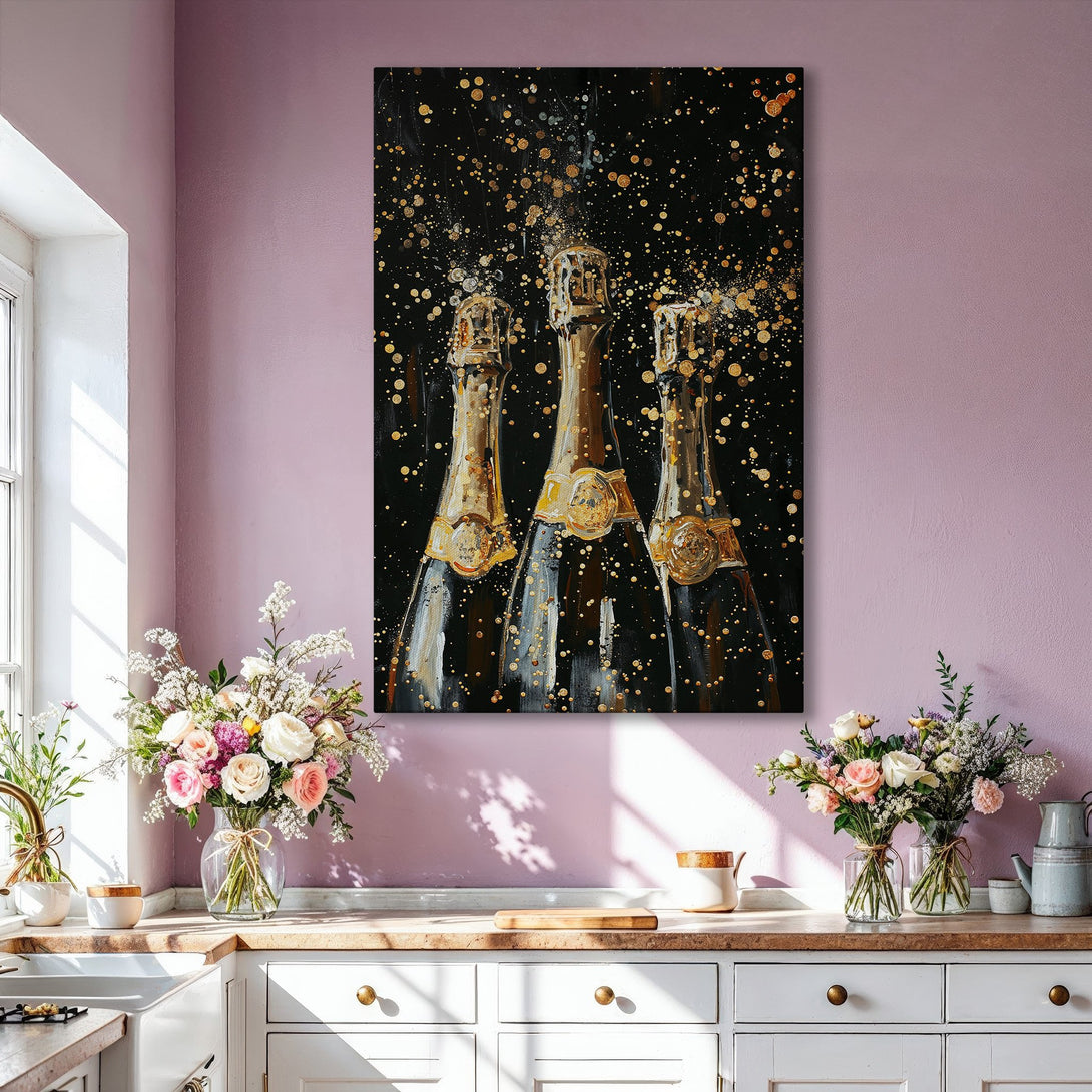 Framed Wall Art: Champagne bottle painting with gold accents on a black background. Perfect for a luxurious living room with a gold and neutral color palette.