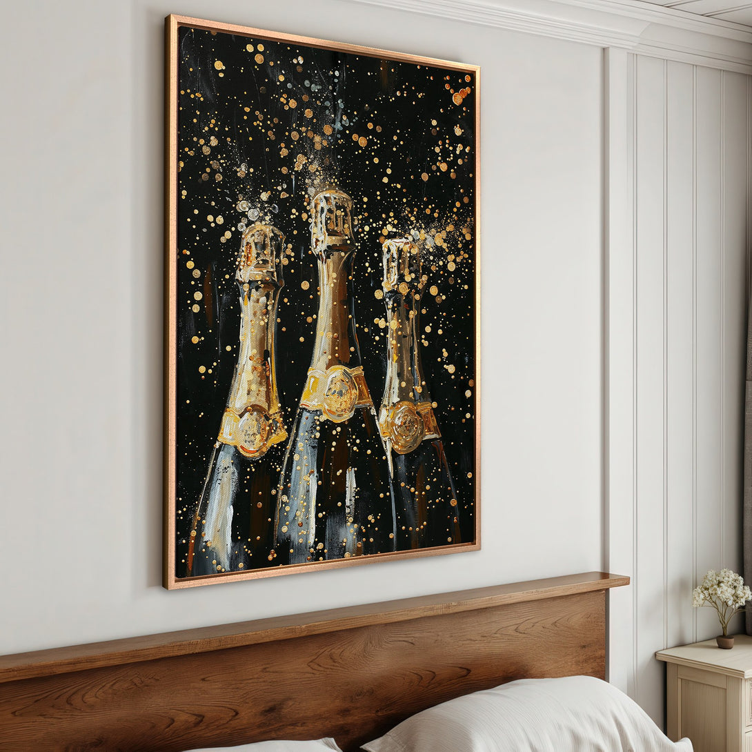 Framed Wall Art: Champagne bottles abstract painting with gold accents on a black background. Elegant decor in a bedroom with a warm color palette.