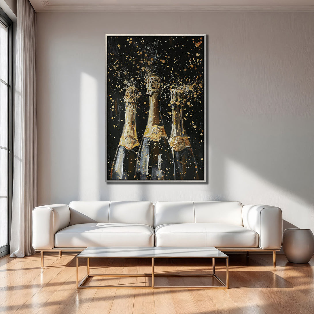 Framed Wall Art: Champagne bottles on black background, gold accents. Modern art print in a luxury interior. Perfect for home decor.