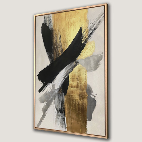 Framed Wall Art: Abstract gold, black, and gray brushstroke painting. Modern canvas print for home decor. Elevate your space with this stylish artwork.