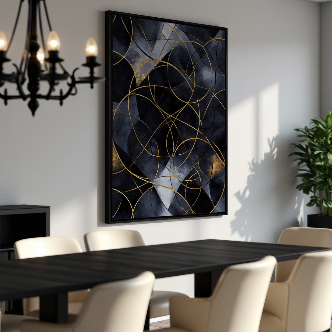Framed Wall Art featuring an abstract geometric design in navy, gold, and gray. Modern art canvas print perfect for dining room decor.