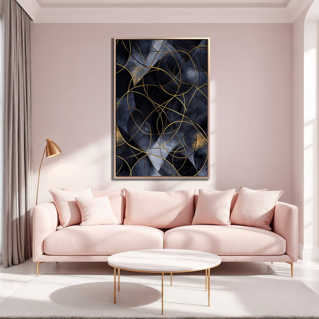 Framed Wall Art: Abstract geometric design in navy, gold, and gray. Modern art piece adds a touch of elegance to any interior. Perfect for living room decor.