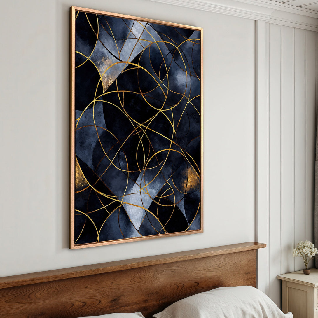 Framed Wall Art: Abstract art print in navy, gold, and gray. Modern geometric design for a stylish bedroom. Elevate your space with this stunning canvas print.