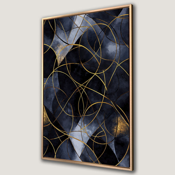 Framed Wall Art Canvas Print featuring abstract geometric design in navy, gold, and gray. Modern art for home decor. Shop now!