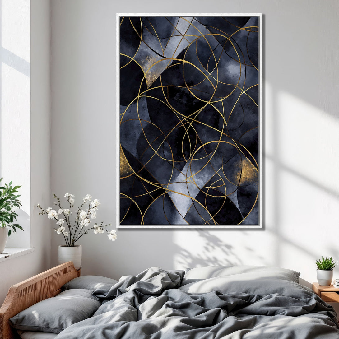 Framed Wall Art: Abstract geometric design in navy, gold, and gray. Modern art canvas print perfect for bedroom decor. Enhance your space today!