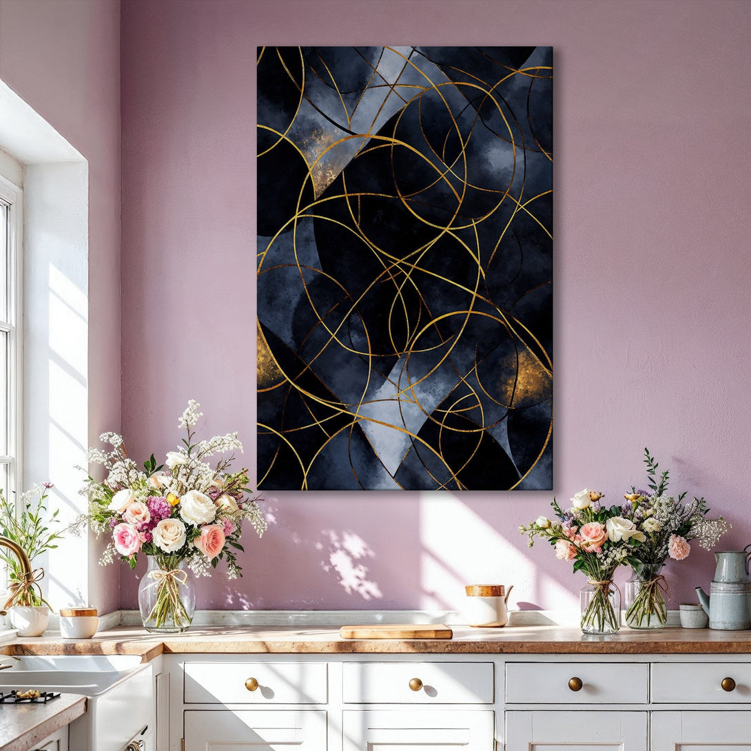 Framed Wall Art featuring an abstract navy & gold geometric design. Modern art print perfect for living room decor. Enhance your space with this stylish canvas.