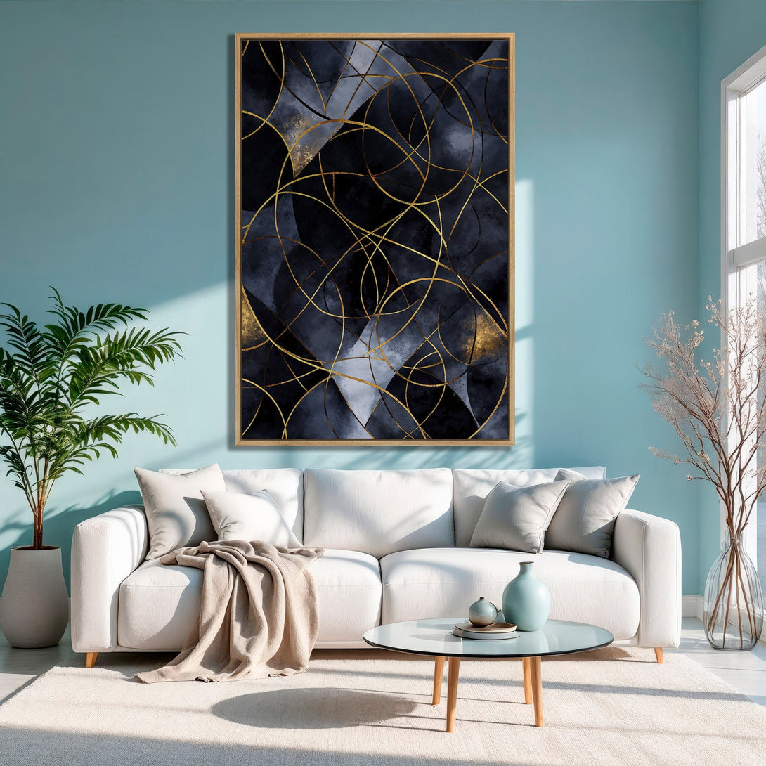 Framed Wall Art: Abstract gold lines on navy Canvas Print. Modern art for living room decor. Blue and gold color palette.