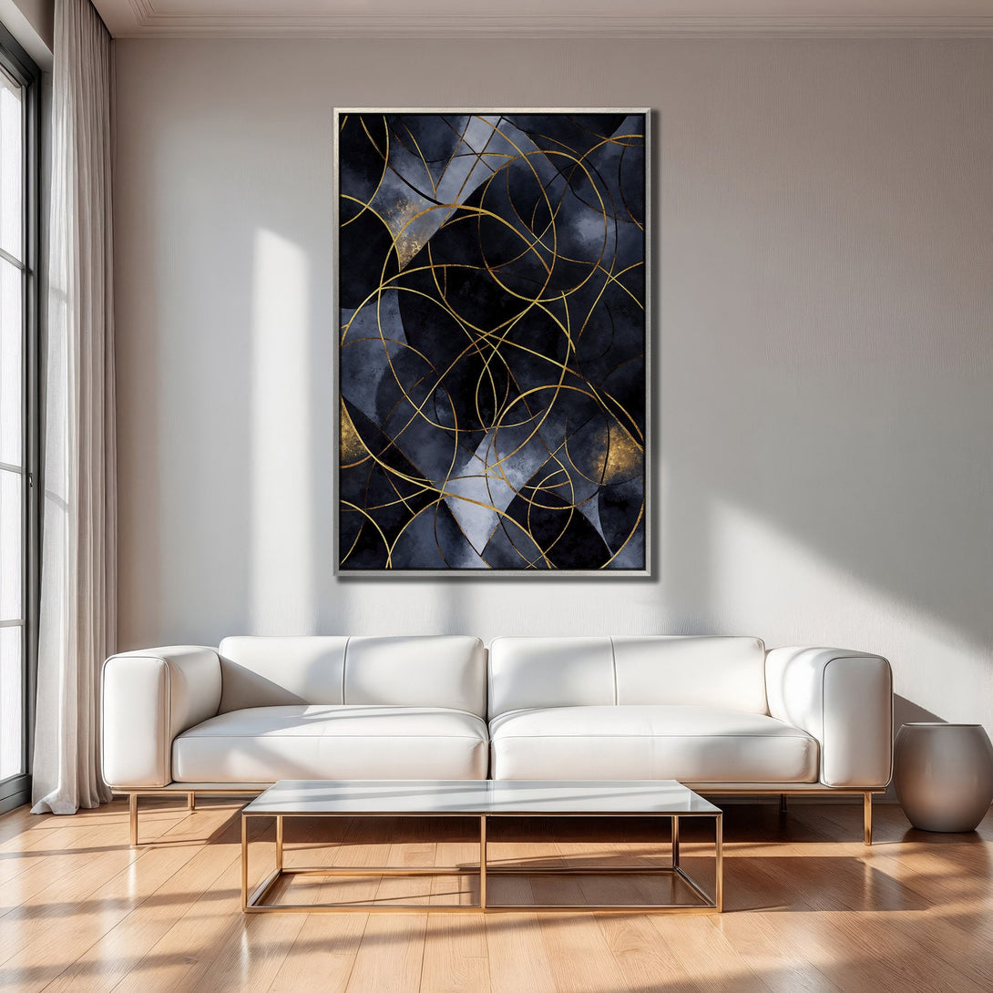 Framed Wall Art: Abstract gold line art on a navy and gray background. Modern decor with a luxurious feel. Perfect for living rooms.
