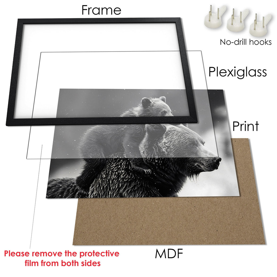 Framed Poster featuring a black and white image of bears. Modern style, neutral color palette. Perfect wall art for any room.