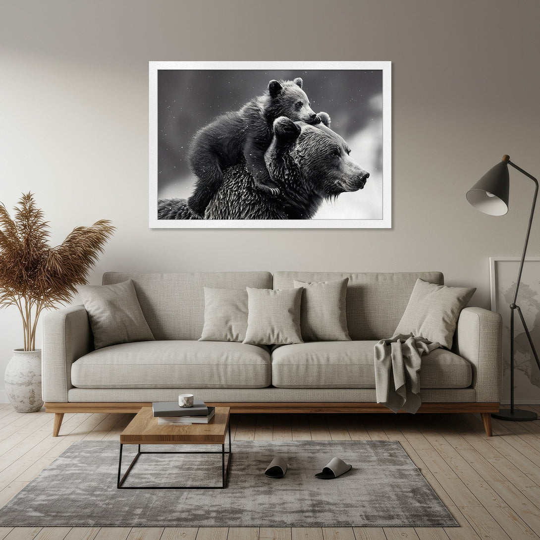 Framed Poster featuring a black and white image of a bear cub on its mother's back. Perfect wall art for a cozy home.