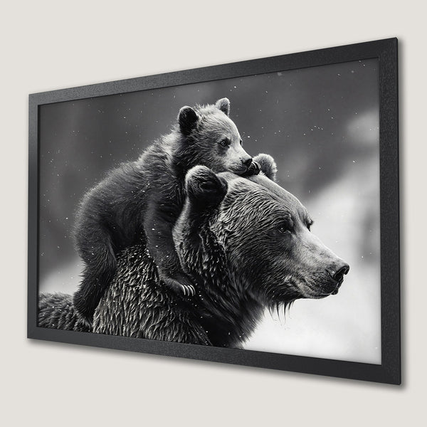 Framed Poster featuring a bear and cub in a monochrome style. Perfect for nature lovers, this art print adds a touch of wildlife to your decor.