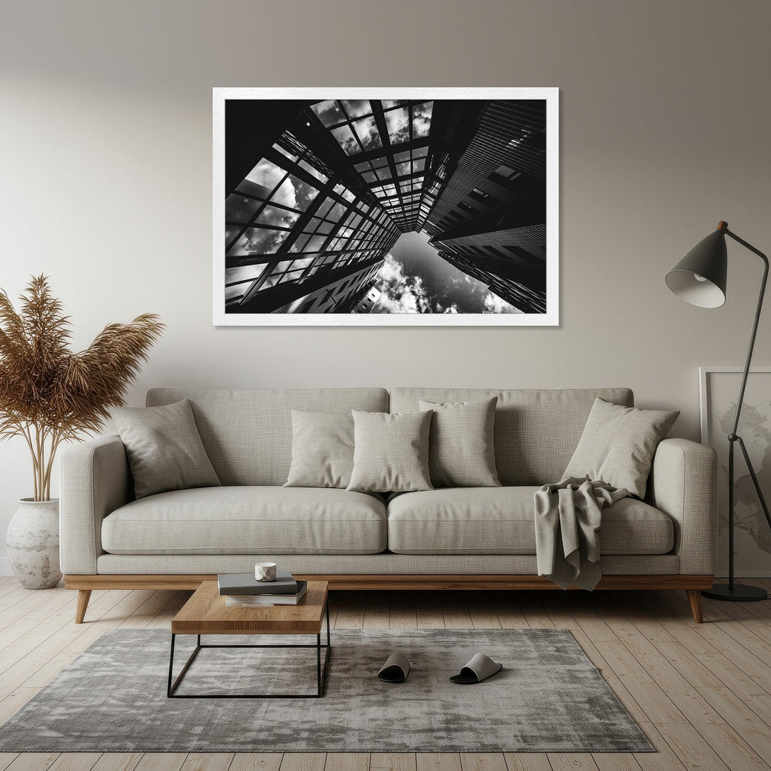 Framed Poster of modern architecture in black and white. Dramatic perspective and minimalist style, perfect for home decor.