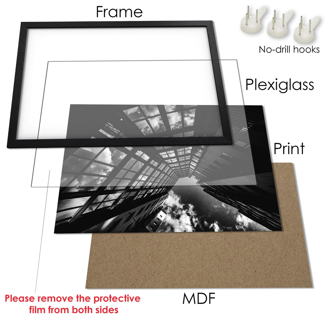 Framed Poster featuring a black and white architectural photograph. Modern style, monochrome color palette. Ready to hang!