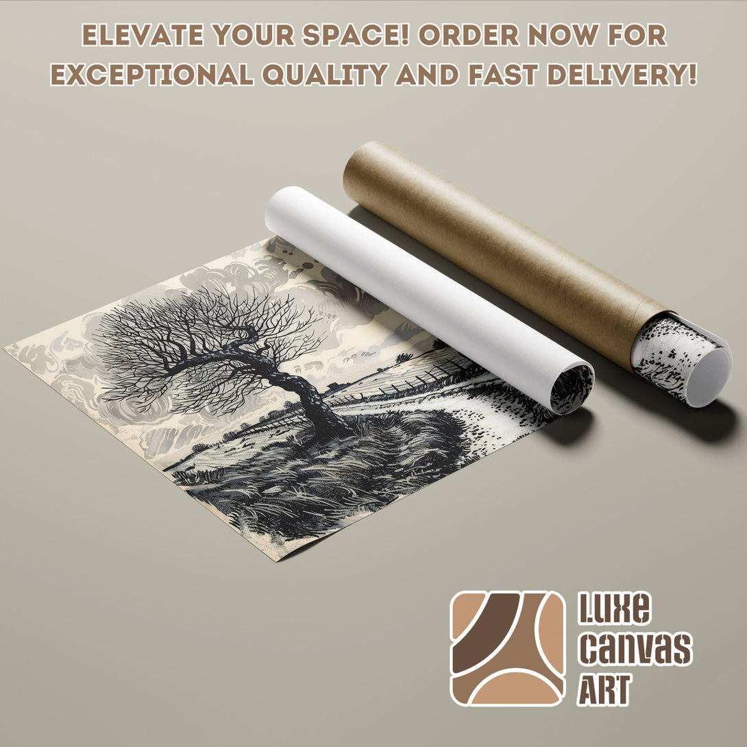 Poster Roll featuring a black and white tree landscape art print. Neutral color palette, perfect for home decor.