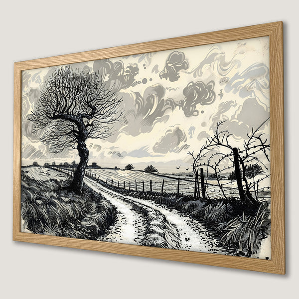 Framed Poster featuring a black and white landscape illustration with a tree and road, in a neutral color palette.