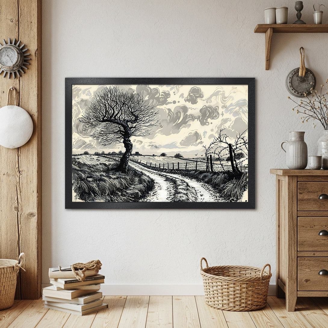 Framed Poster of a rural landscape in grayscale. Artistic style, neutral color palette. Perfect wall art for any home.