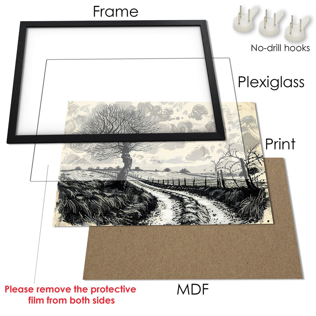 Framed Poster of a rural landscape in a black and white style. Perfect art for your home!