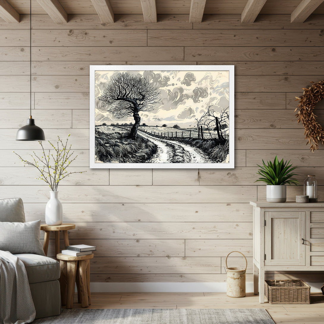 Framed Poster featuring a black and white landscape scene. Rustic style with neutral color palette, perfect for home decor.