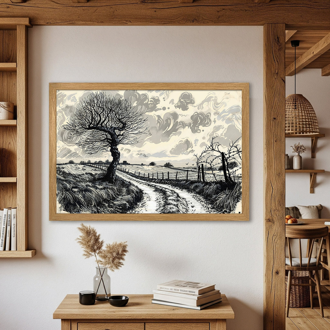 Framed Poster of a black and white landscape art print. Rustic style with neutral color palette. Perfect wall decor.